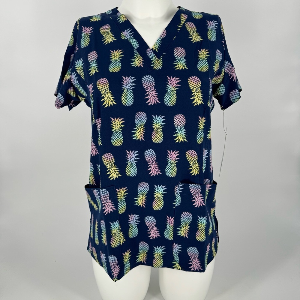 NWT Maevn navy multi color pineapple print scrub top